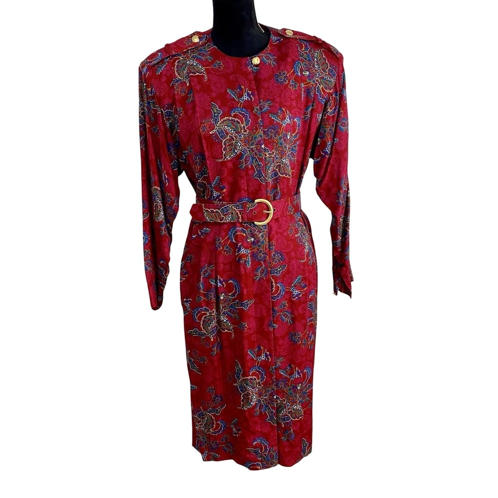 Vintage Liz Claiborne Red Paisley Rayon Belted Dress Gold Buttons Sz 12 Orig Tag